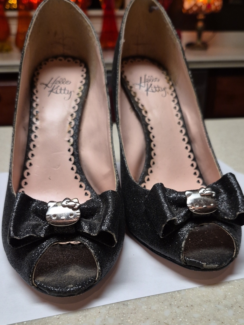 Hello Kitty Black Glitter Peep-Toe Bow Heels with Silver Logo Vintage Y2k- 8